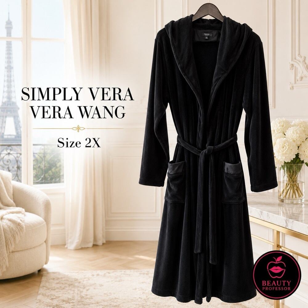 💞 Simply Vera Vera Wang Black Velour Hooded Robe 2X Plus Size Belted
